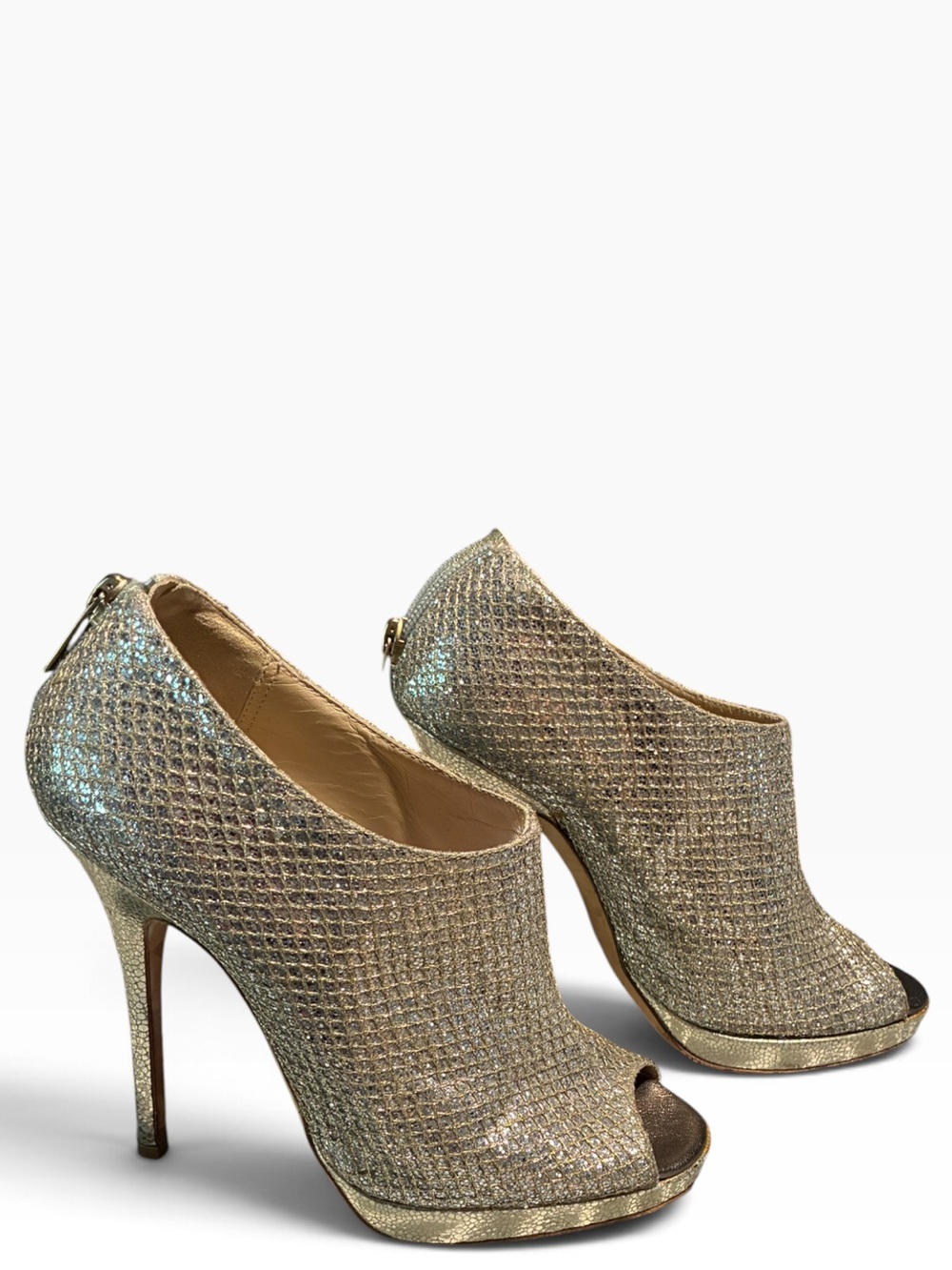 Jimmy Choo Metallic Gold Peep-Toe Platform Booties